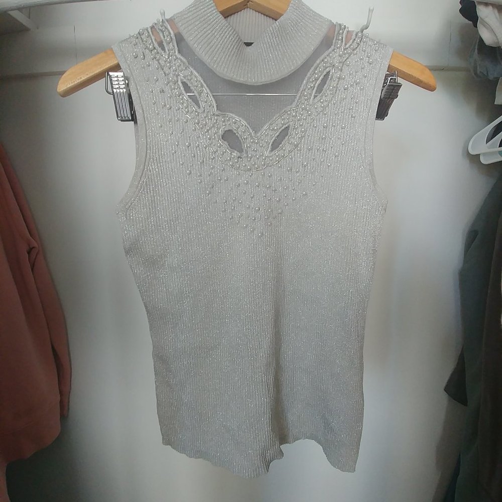 Beaded Silk Sleeveless Mock Neck Knit Top